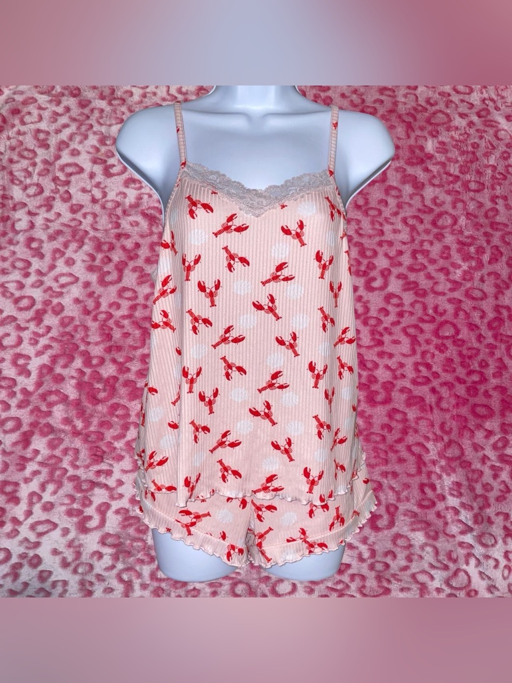 French Affair pink + white lobster pajama set